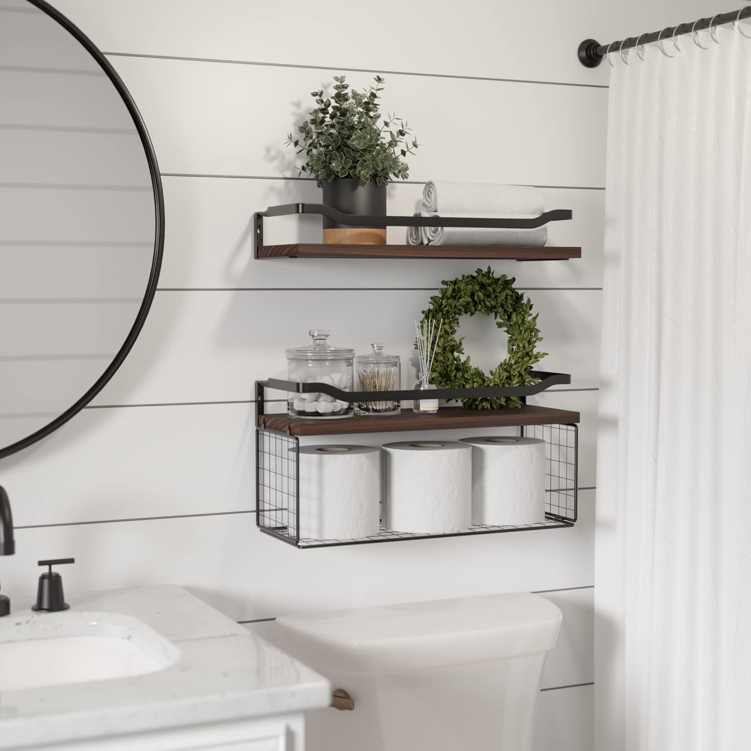 Floating Shelves with Wire Storage Basket, Bathroom Shelves, Wall Shelves Floating Shelves with Wire Storage Basket, Bathroom Shelves, Wall Shelves